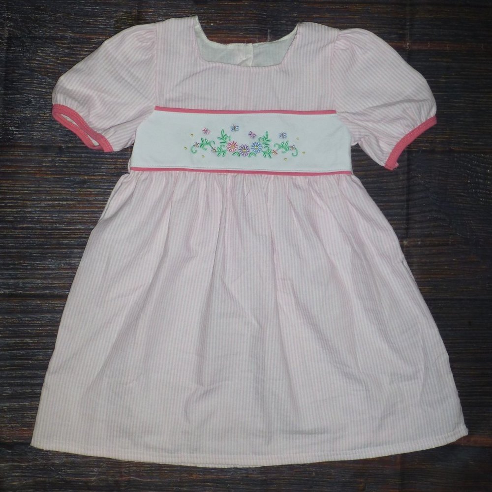 Boutique Embroidered Flowers Girls Pink Striped Short Sleeve Dress